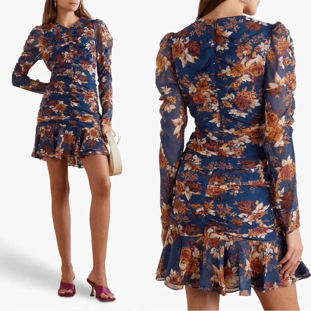 Veronica Beard Dress Hedera Ruched Silk Ruffle Mini Floral Electric Blue Sz 16